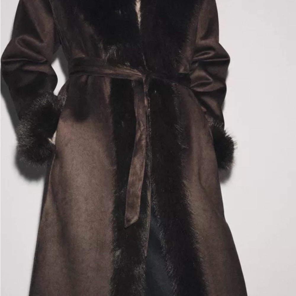 Zara ZW Collection Belted Brown Faux Fur Coat